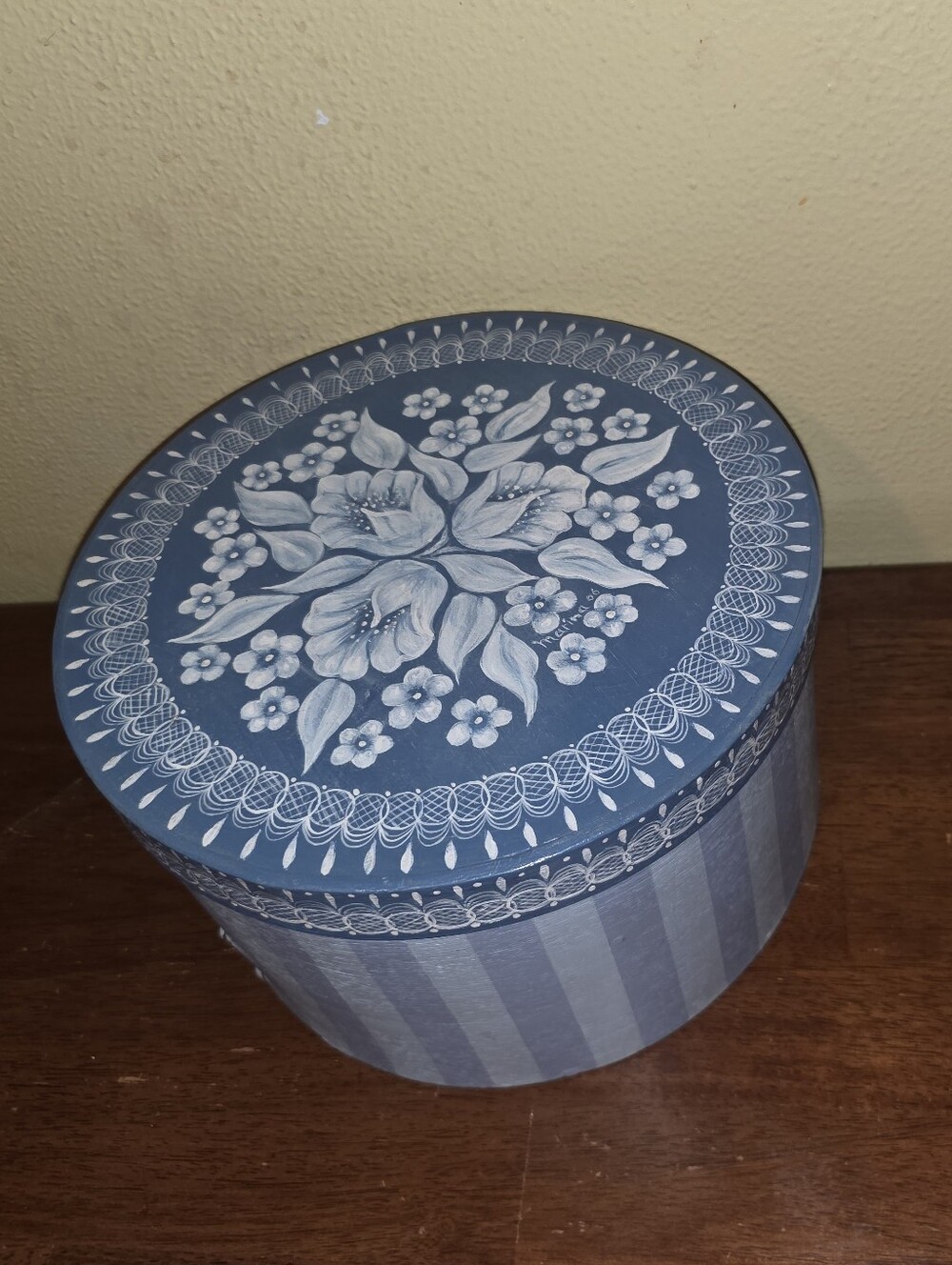 Antique Round Wooden Blue Hand Painted Flower Storage Box